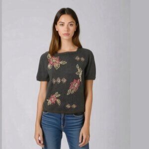 ALFRED Dunner Brown Embroider Floral Knit Short Sleeve Sweater​​​​​​